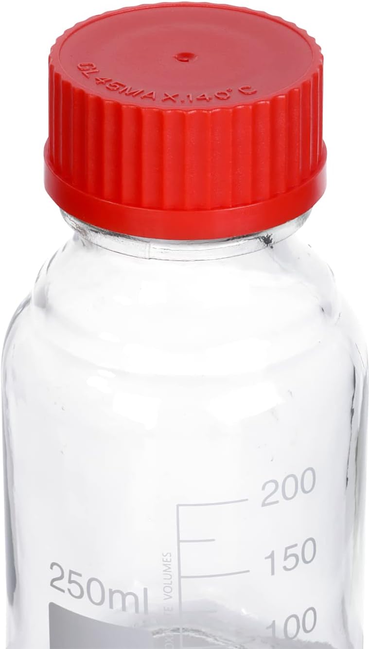 Pastein 10 Pieces 250 mL Graduated Round Reagent Media Bottle Storage Glass Bottle with GL45 Red Screw Cap - Image 1